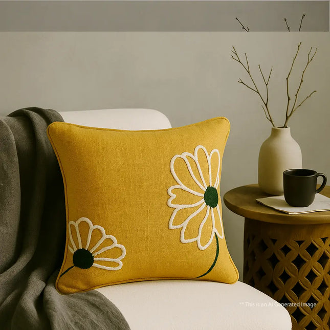 Slub-cotton Embroidered Cushion Cover, 40cm X 40cm (16" X 16")